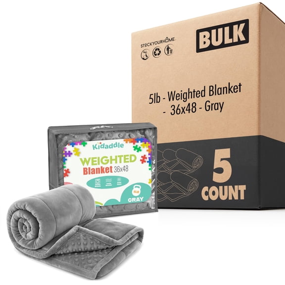 XL Weighted Blanket for Kids 5 lb Grey 36 x 48 Inch (5 Pack), Plush Minky Blanket with Travel Bag for Ages 4 to 10