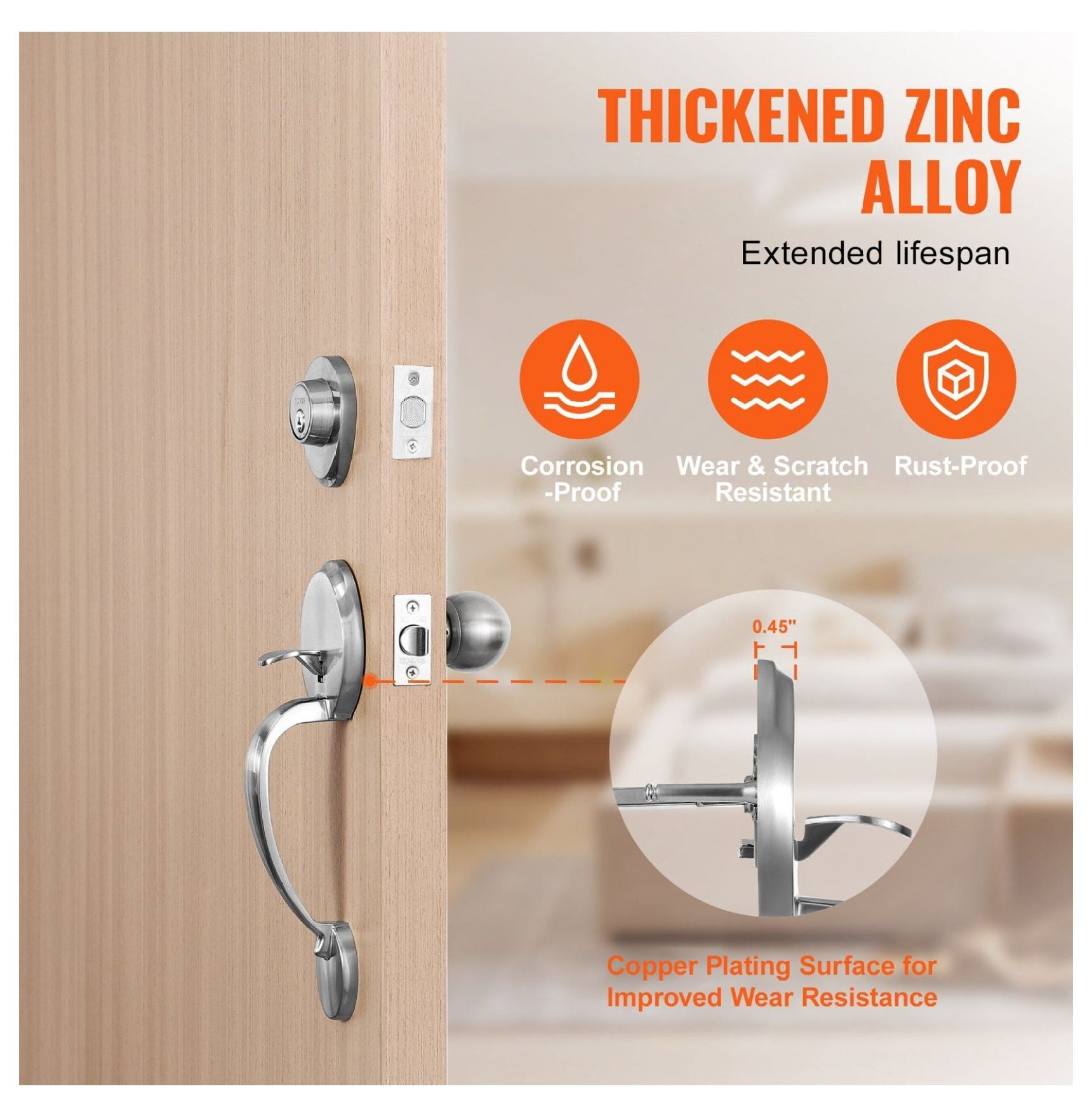 Front Door Handle and Deadbolt Set, Satin Nickel Door Lockset with Knob, Adjustable Hole Spacing Handleset, Single Cylinder, for Entry & Front Doors