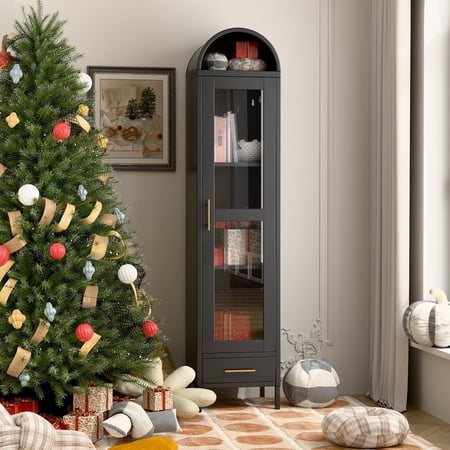 Aobabo Metal Arched Cabinet, Arch Display Bookcase Cabinet with Glass Door and 2 Shelves, Kitchen Pantry Storage Cabinet for Dining Room, Home, Office, Kitchen, Study Room, Assembly Required (Black)
