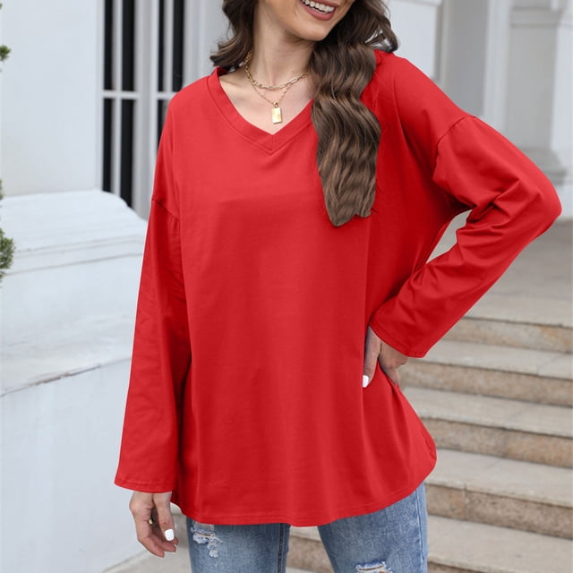 Ailaofu Womens Plus Size Long Sleeve Shirts V Neck Basic Tee Tops Loose Fit Fall Outfits for Women