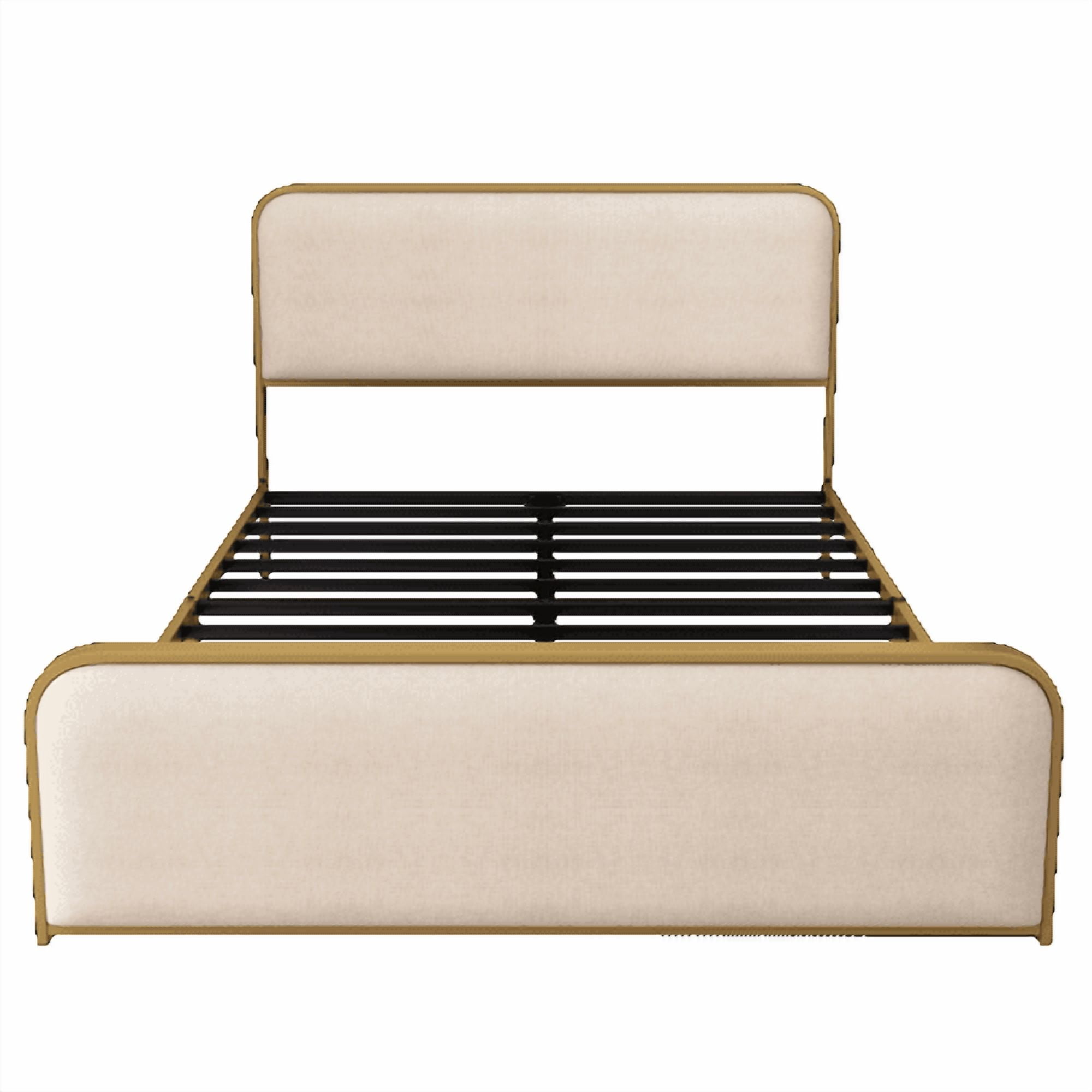 Euroco Gold Metal Bed Frame with Upholstered Headboard, Queen Size Platform Bed for Adults, Beige
