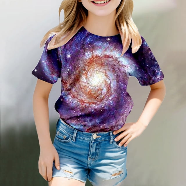 Galaxy T-Shirts et Chemises Décontractés pour Filles Col Rond Manches Courtes Hauts Imprimés pour Usage Quotidien