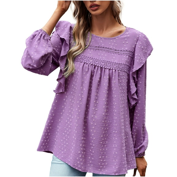XFLWAM Women's Swiss Dot Ruffle Tops Lace Crochet Crewneck Puff Long Sleeve Trendy Babydoll Flowy Shirts Cute Blouses Purple S