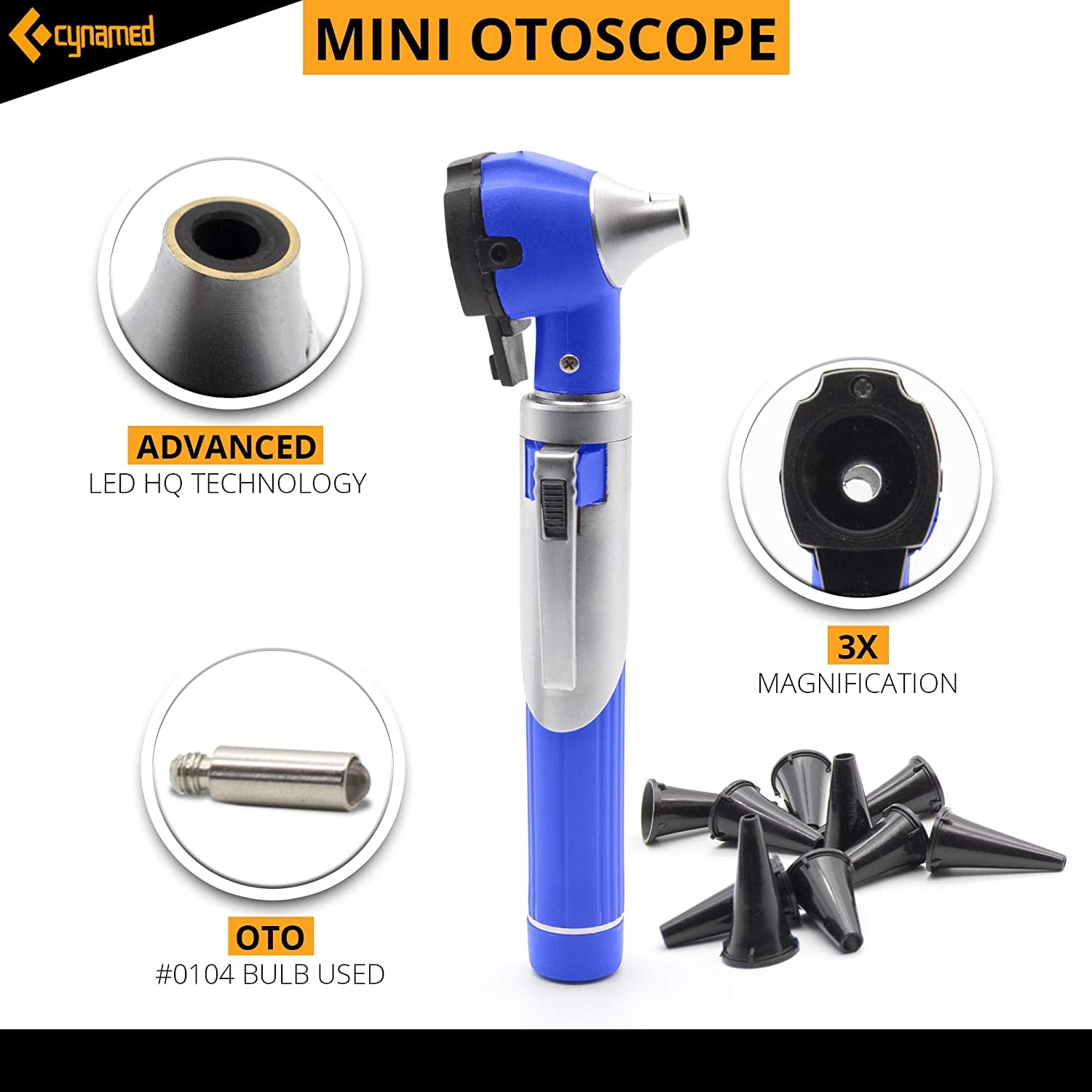 Cynamed Mini Otoscope - Portable Ear Light and Exam Kit for Home and Professional Use - 4X Magnifying Fiber Optic Scope with Spare Tips, Bulb, and Carrying Case - Pocket Diagnostic Equipment (Blue)