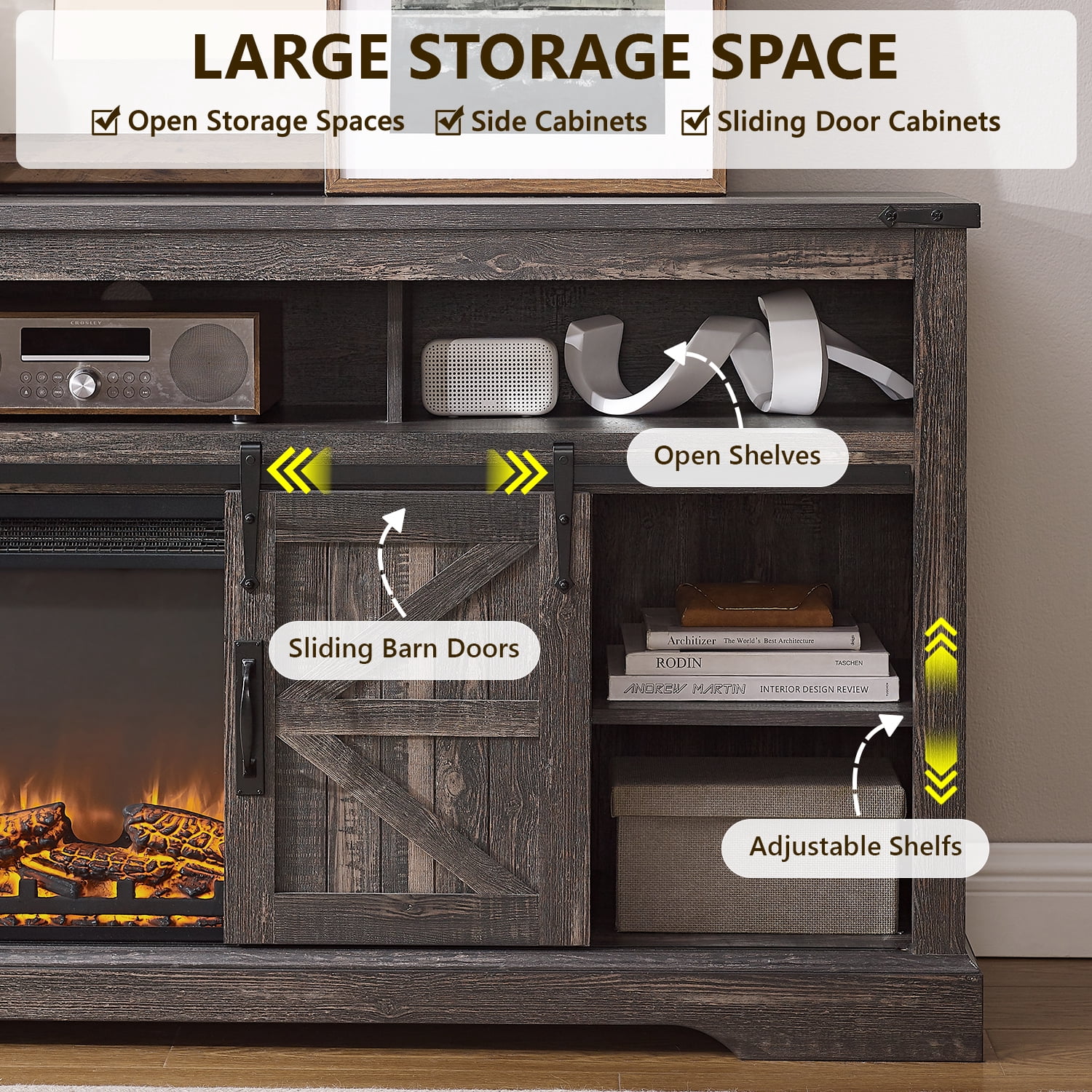 KeyWhat Farmhouse Fireplace TV Stand for TVs up to 80", 37" Electric Fireplace & Barn Door