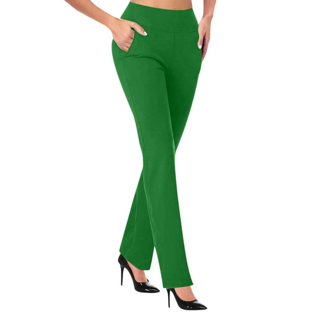 Pantalones de trabajo elásticos de cintura alta para mujer - Pantalones sin cremallera, color liso, poliéster, informales/de negocios/para el día a día