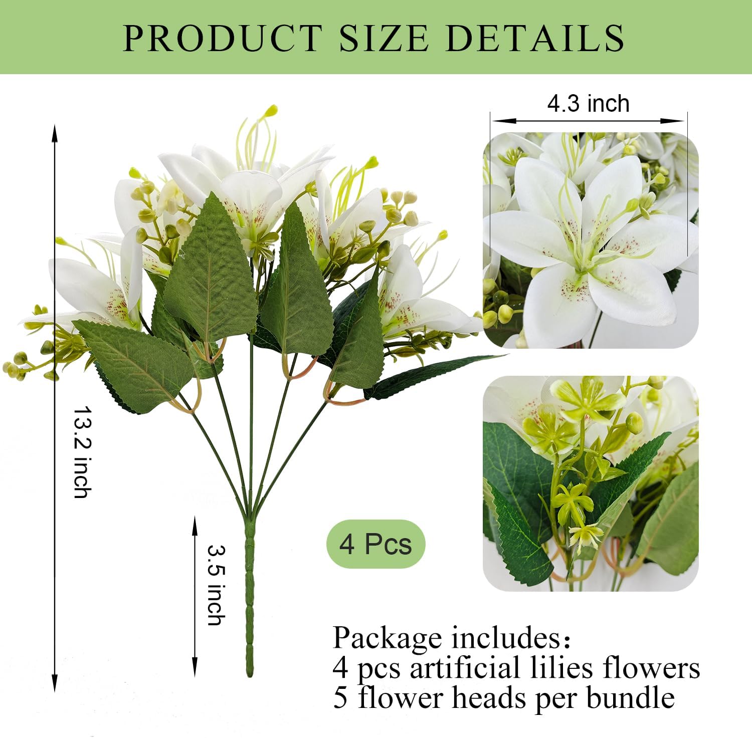 4 Bundles Artificial Tiger Lily Silk Flowers Faux Fake Lilies Plants for Wedding Bouquet Home Party Indoor Table Hotel Office Vases Floral Arrangements Outdoor Garden Decor (White)