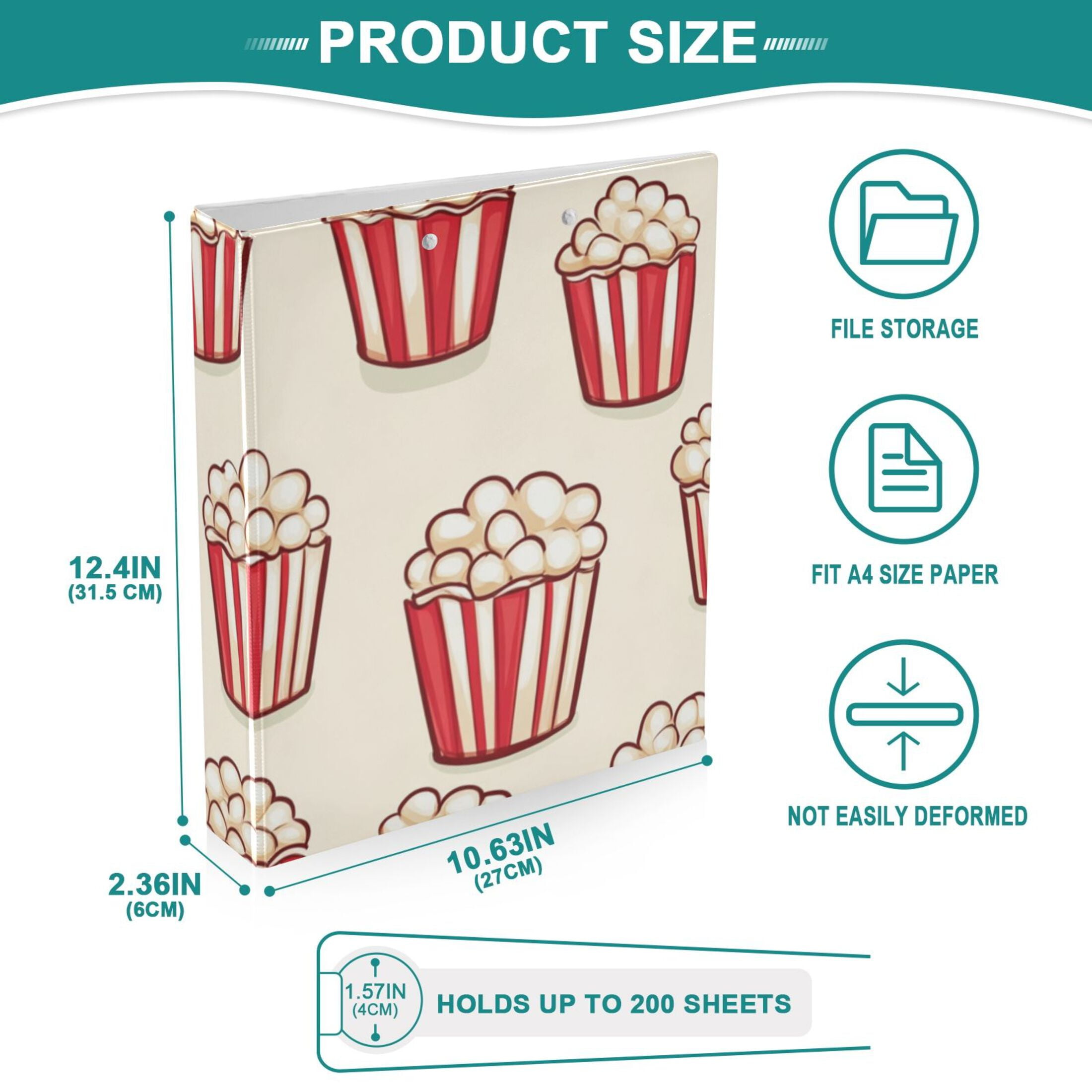 Cartoon Popcorns 3 Ring Binders 1.5 inch Hardcover File Folders with Interior Pockets A4 Size Organizer for School Office Hospital