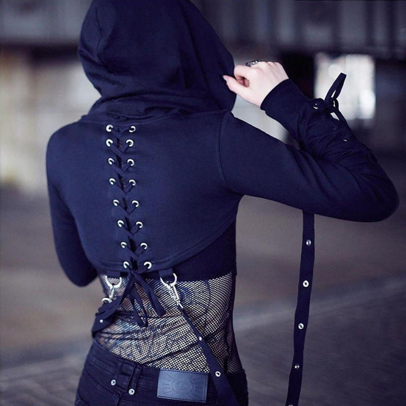 TOPVEST Gothic Punk Waist Belt Chain Black Mini Dress Puff Sleeve Lace-Up Loose Dresses 