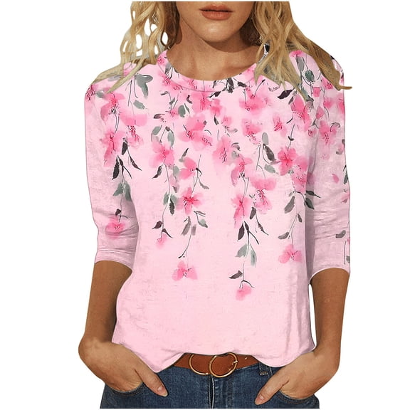 Staron Women's Casual Printed T-Shirt 3/4 Sleeve Round Neck Loose Fit Blouse Spring Summer Fashion Top, Pink XXL