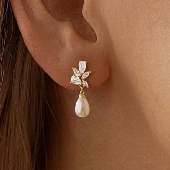 Dainty 14K Gold Plated Pearl Drop Earrings - Small Oval Pearl & CZ Stud Dangle Earrings for Women, Wedding Bridesmaid Gifts, Elegant Everyday Jewelry
