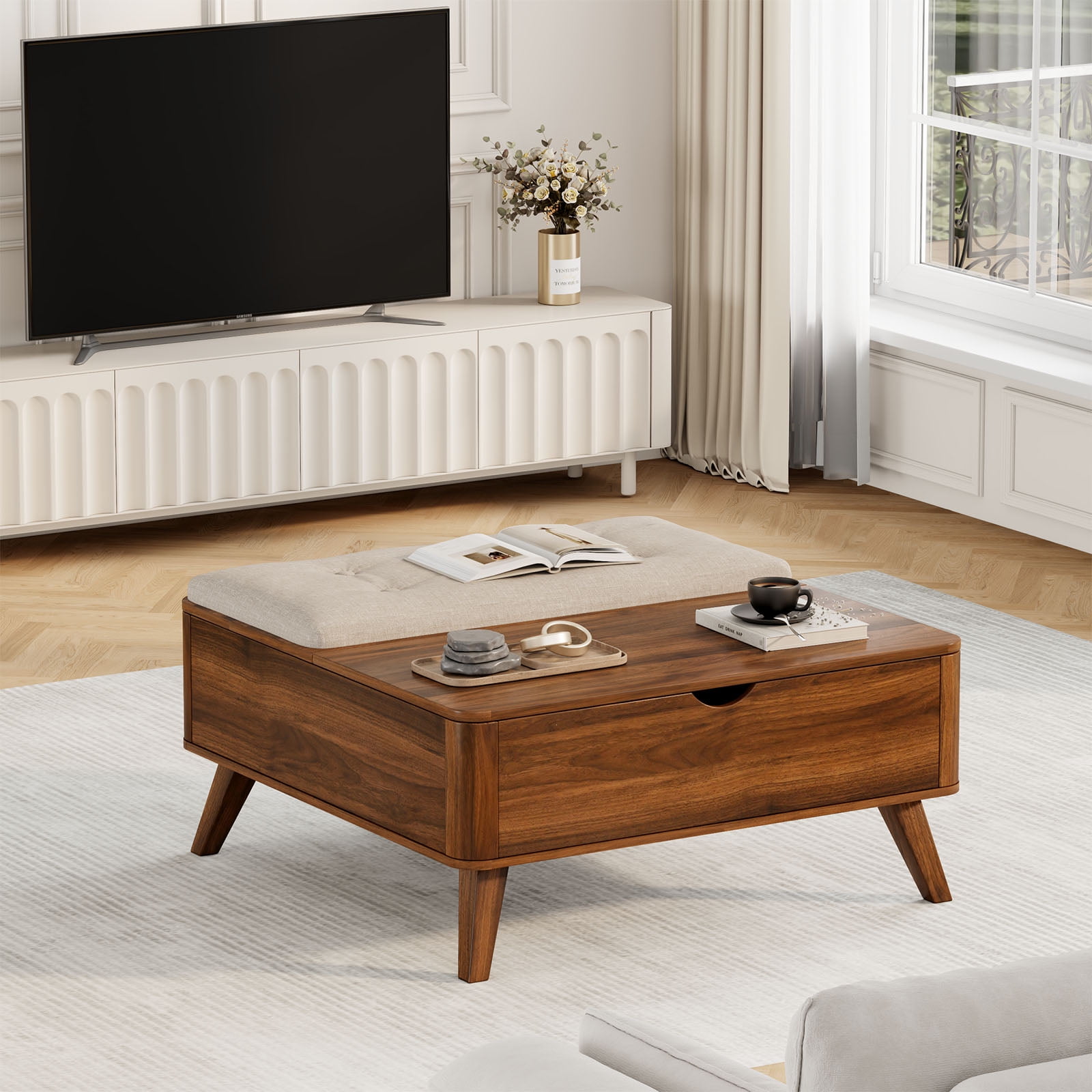 Flycity Large Square Lift-Top Coffee Table with Storage, 3 in 1 Multi-Function Convertible Ottoman Bench, Farmhouse Upholstered Coffee Table with Wooden Legs for Living Room & Bedroom (Brown)
