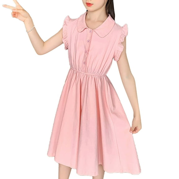 QTOCIO Toddler Girls Dresses, Baby Girl Summer Clothes, 8-14 Years Girls' Flying Sleeve Waist Button Princess Dress Sleeveless Lapel Dress, Pink, 10 Years