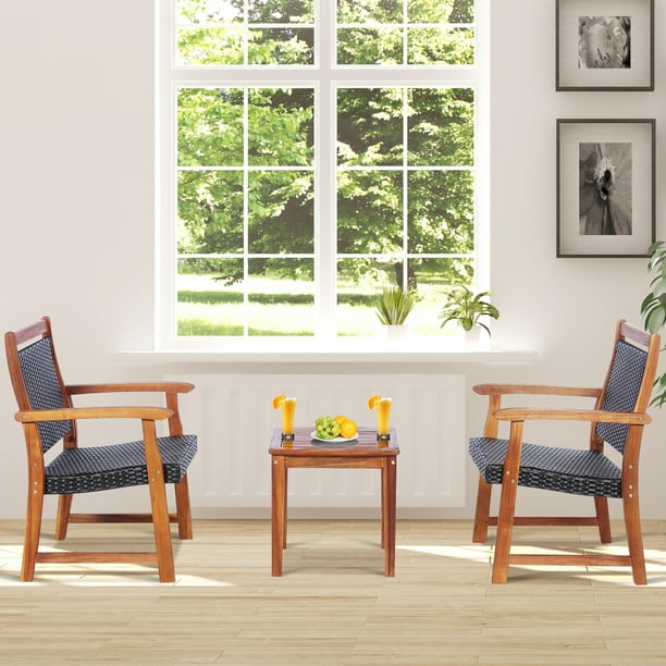 Patiojoy 3 PCS Patio Rattan Bistro Set Outdoor Acacia Wood Table