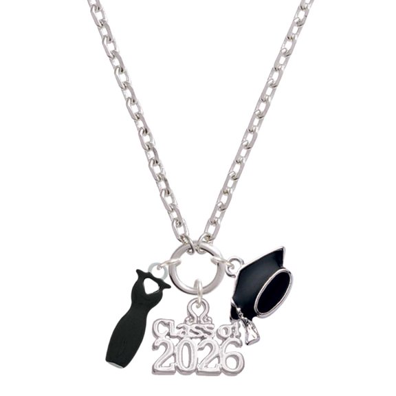 Delight Jewelry Little Black Dress - Silvertone Class of 2026 Graduation Zoey Charm Necklace, 28"