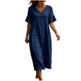 thumbnail image 2 of Ayolanni Short Sleeve Dresses for Women 2026 V Neck Solid A-Line Maxi Dress Daily Cotton Linen Flowy Lightweight Long Dress with Ruffle Sleeve Blue M, 2 of 9