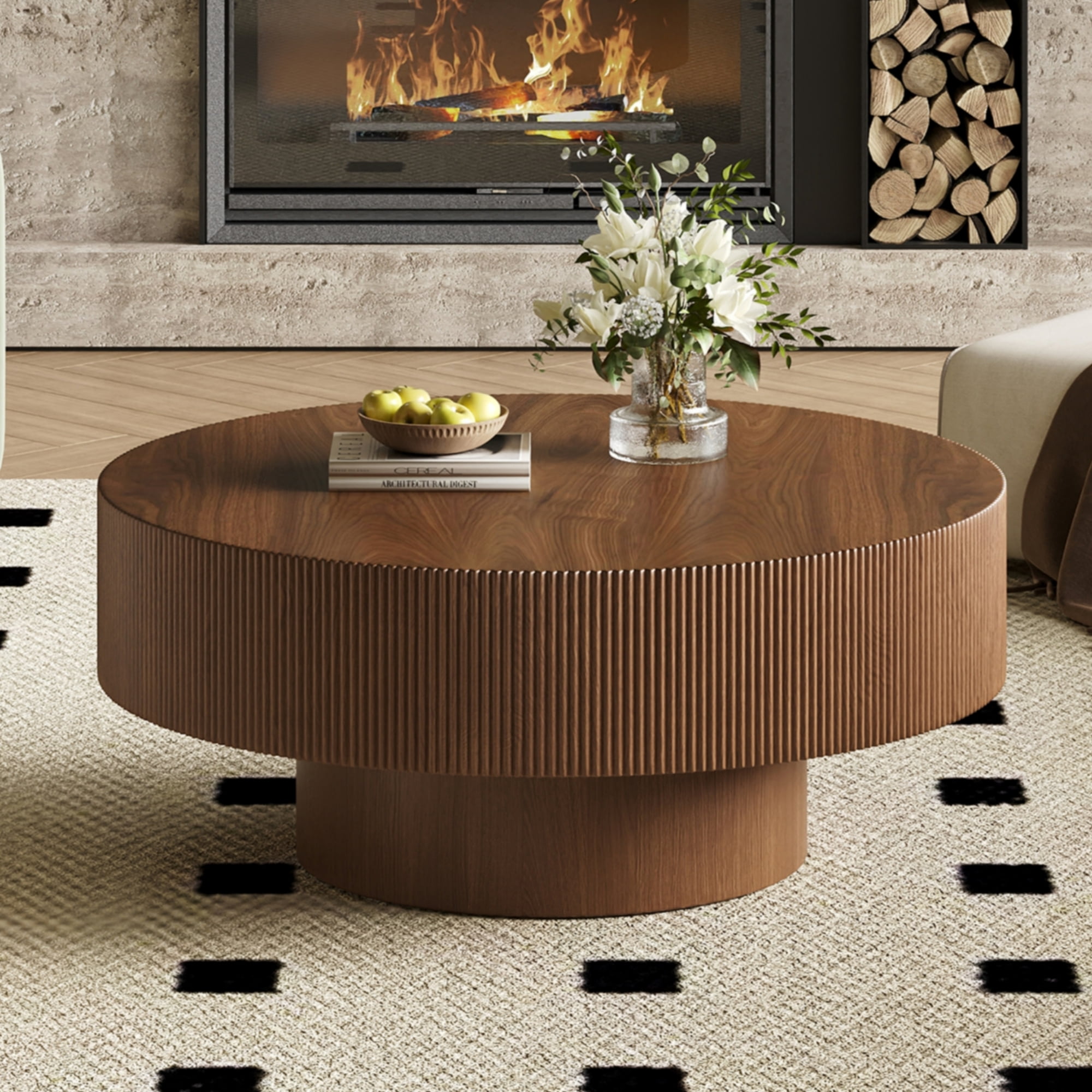 Euroco Elegant Easy Assembly Round Coffee Table with 6.8" Thick Tabletop, Modern Drum End Table, Minimalist Fluted Center Table with Sturdy Base for Living Room, Walnut, 31.5"W*13.7"H