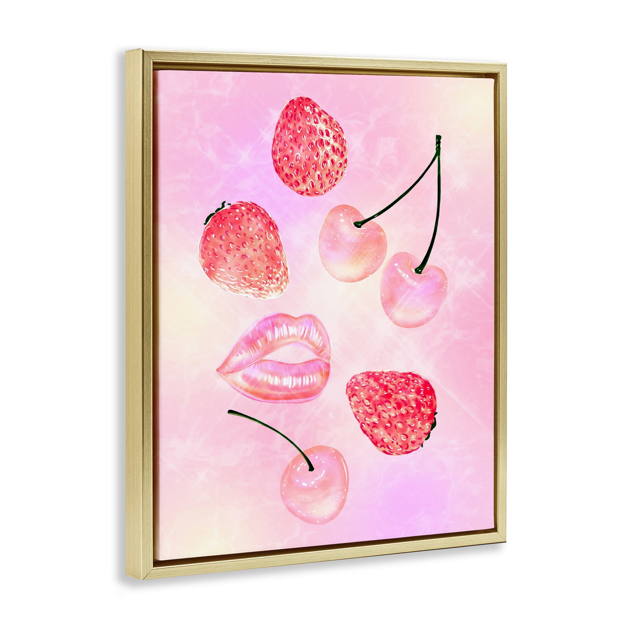 Pink Fruits and Kisses Gold Framed Floater Canvas Wall Art, design by Ziwei Li