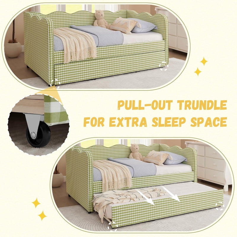 Full Size Upholstery Daybed with Trundle and USB, Full to King Design Wave Shaped Extendable Linen Sofa Bed, No Box Spring Required, for Living Room and Bedroom