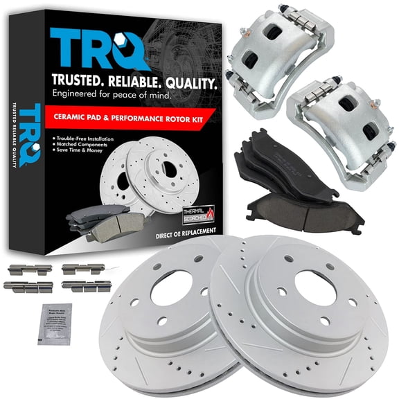TRQ Front Performance Brake Pad & Rotor Kit Brake Caliper Brake Pads Brake Rotors Set Ceramic Premium G-Coated Fits Select 2004-2006 Dodge Durango 2003-2005 Ram 1500