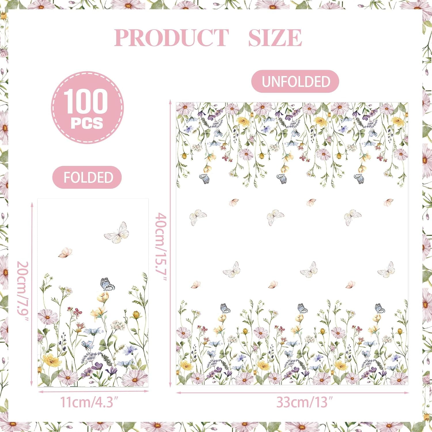 100 PCS Floral Disposable Napkins, 3 Ply Dinner Napkins Summer Wildflower Decorative Paper Guest Napkin for Family Party, Wedding, Birthday, Home Kitchen Dining Table Decor 7.9 x 4.3