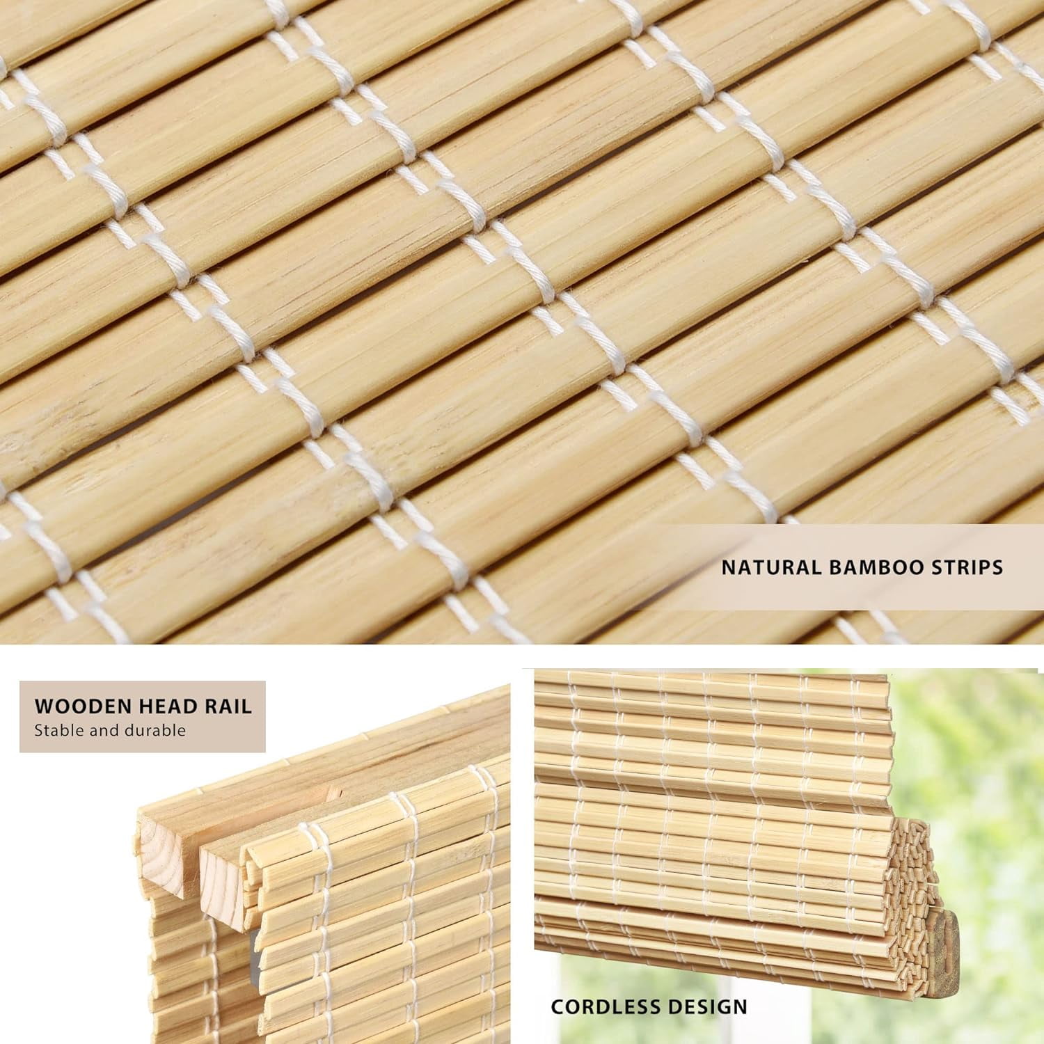 LazBlinds No Tools No Drill Cordless Bamboo Roman Shades, Privacy Window Treatment, Roll Up Bamboo Blinds for Window 30'' W x 64'' H, Natural