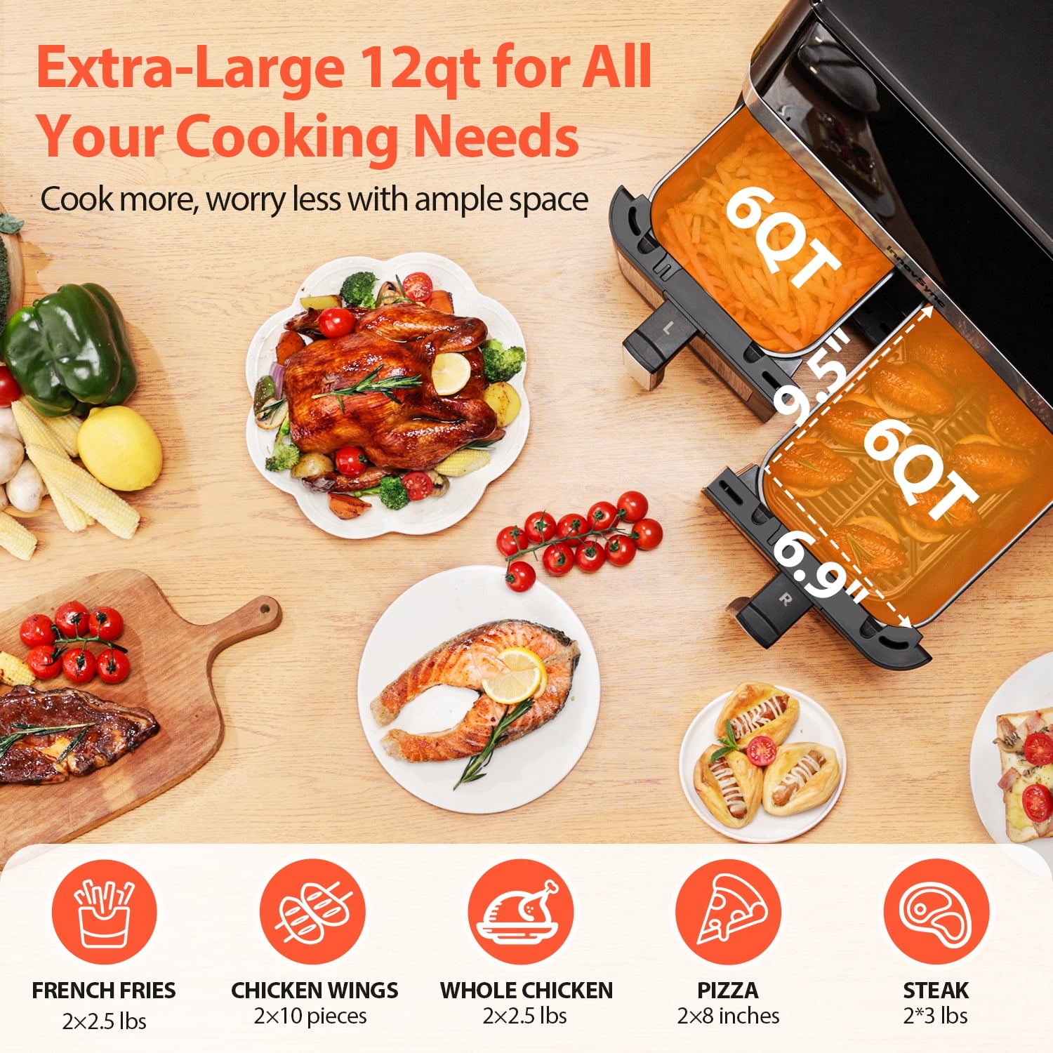 12QT Large Dual Basket Air Fryer with Viewing Window,10-in-1 Digital Touchscreen Double Zone Air Fryers, SyncCook to Bake,Roast,Reheat,Broil, Nonstick Dishwasher Safe
