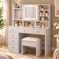 thumbnail image 3 of Ktaxon Large 47.2" Makeup Vanity with 3 Color Lights, Vanity Desk with USB Charging Station, Vanity Makeup Table with Visible Drawers, Hidden and Open Storage Shelves, White, 3 of 12