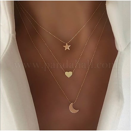 Alloy 3 Layer Necklaces for Women Golden Star Heart Moon 15.35~17.72 inch(39~45cm)