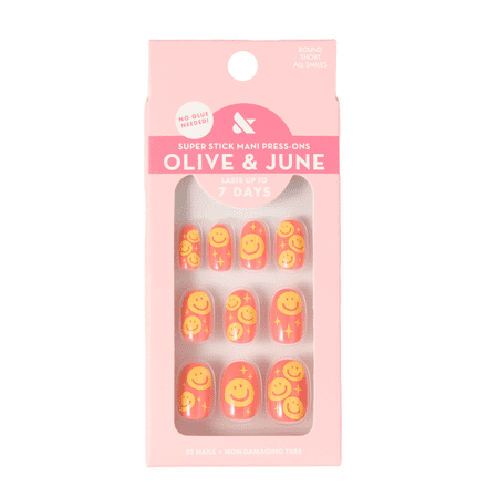 Olive & June Super Stick Mani Round Short Press-On Tabs, Happy All Over, 32 Pieces