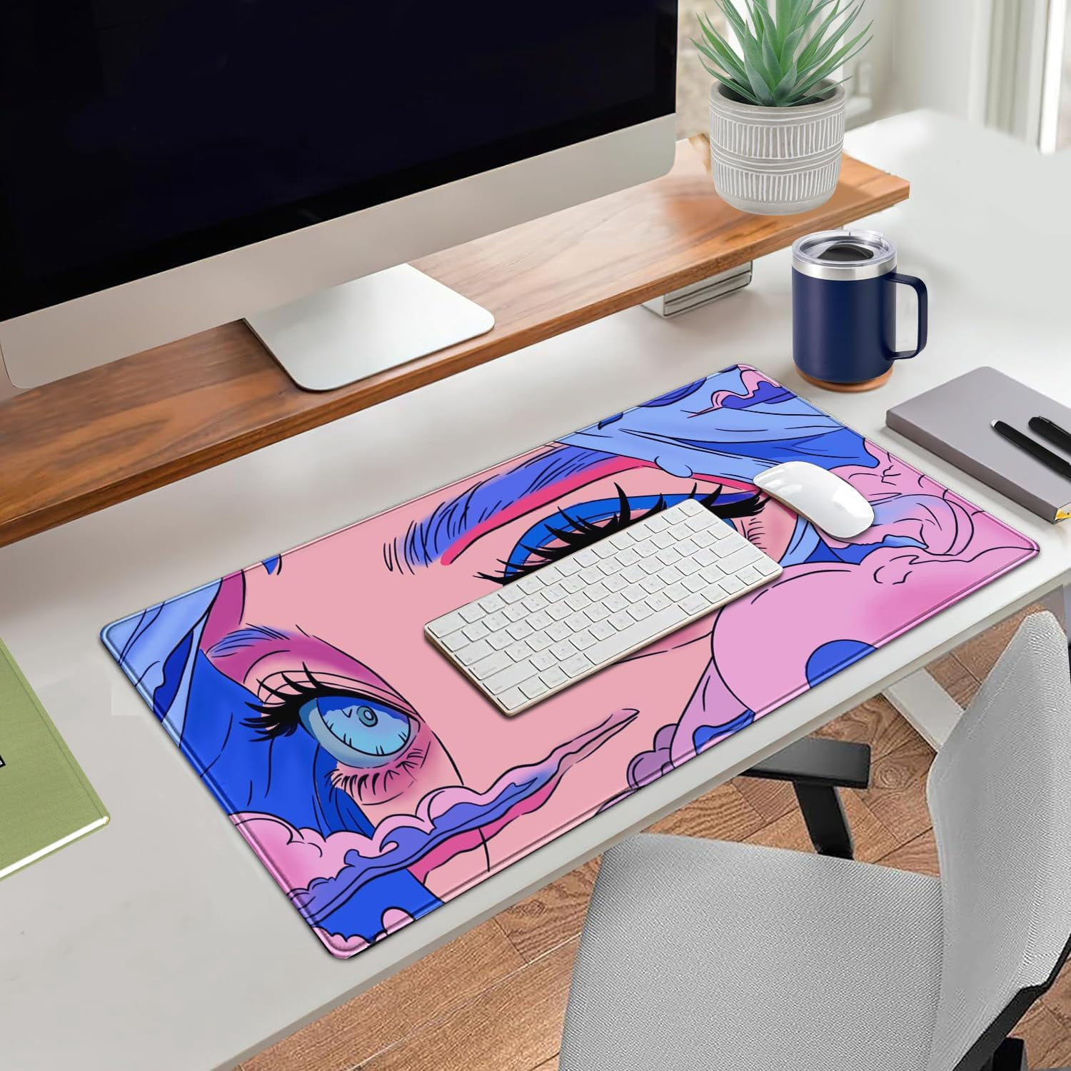 Anime Girl Loving Eye Desk Mat Desk Mat Pink Desk Pad Aesthetic Japanese Mouse Pad Large XXL Gaming Mousepad Computer Keyboard Mat Desk Matt for Desktop Office Decor Deskmat 31.5 X15.7In