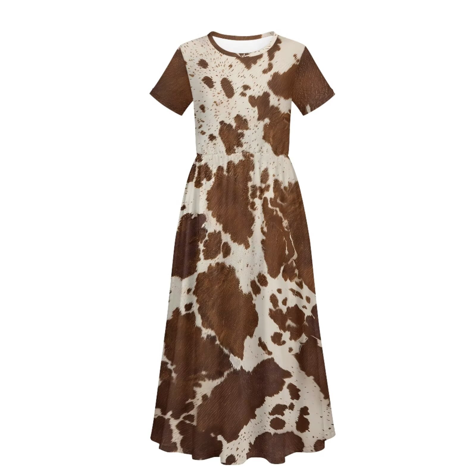 Uourmeti Girls Elegant Maxi Dress, Brown Cow Printed Short Sleeves Dress with Pockets Summer Long Holiday Dresses, Size 9-10 Years