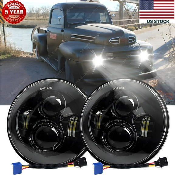 Fit Ford F1 1948 1949 1950 1951 1952 Pair 7" Inch Round LED Headlights Black DOT