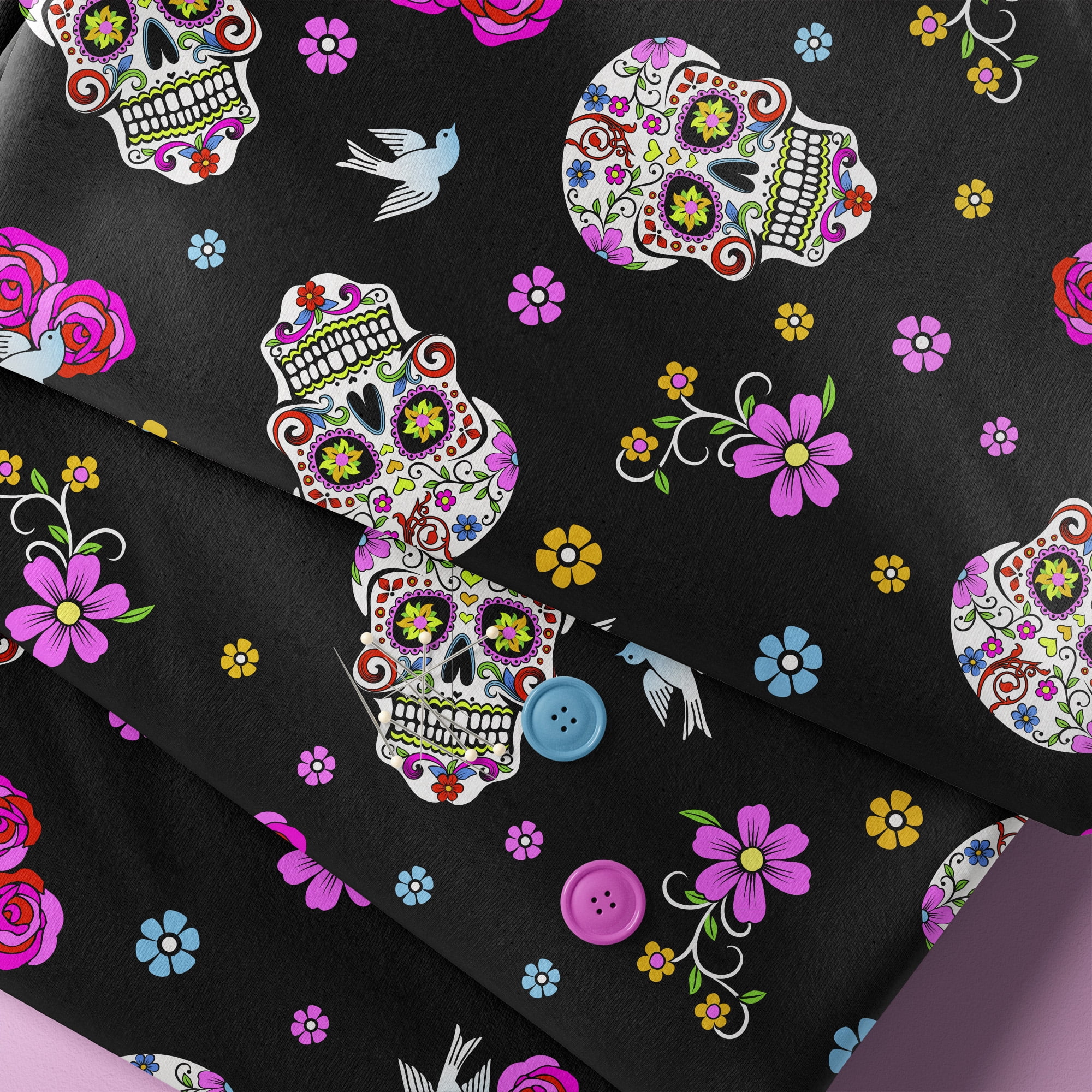 1 Yard 100% Cotton Day of the Dead, Black, 44" Wide for Quilting & Sewing by David Textiles