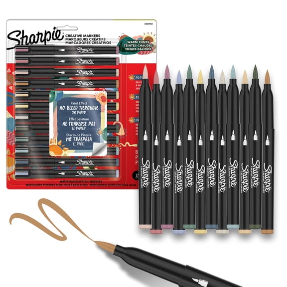Sharpie Creative Markers, Warm Tones, Water-Based Acrylic Markers, Fine Tip, Assorted Colors, 12 Count