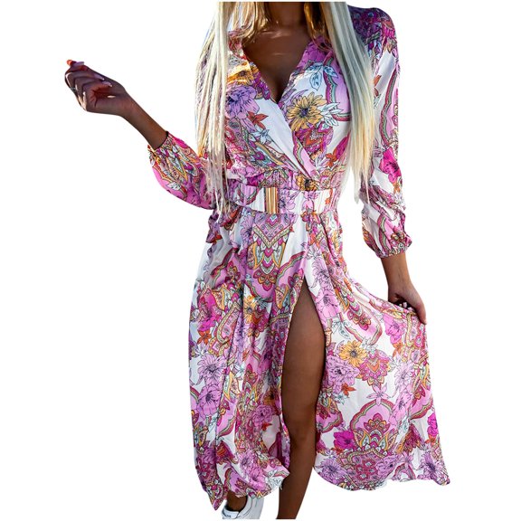 Henpk Summer Dresses for Women Striped T Shirt Dress Casual Midi Dress Short Sleeve Sundress with Pockets Printing Leisure Splice Long Sleeve V-Neck Mid-Calf Casual Dress Pink M