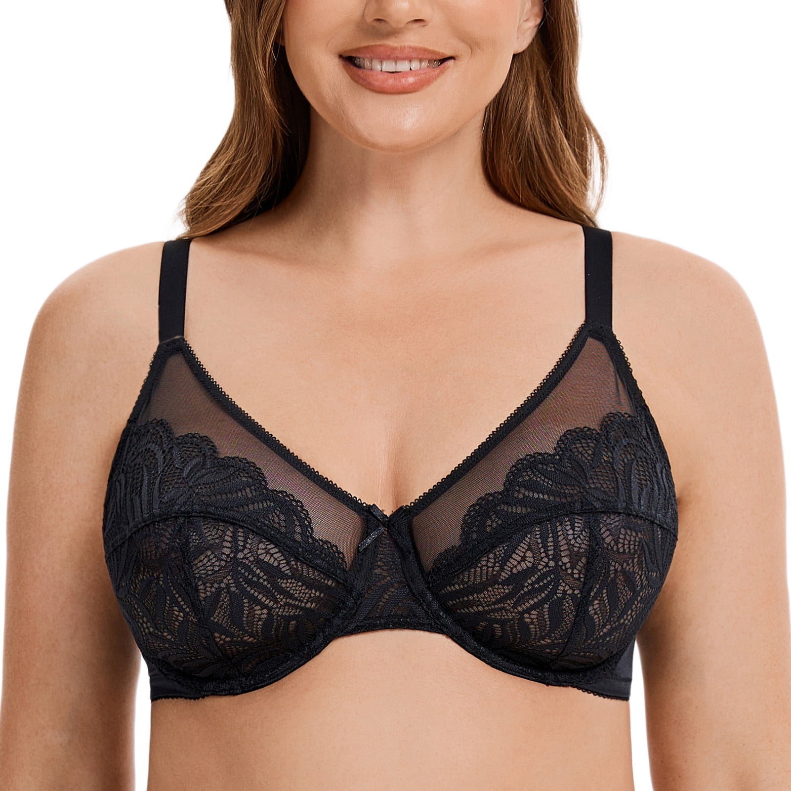 MELENECA Women's Minimizer Bras for Large Bust Underwire Plus Size Full Coverage Lace Bras Black 42E