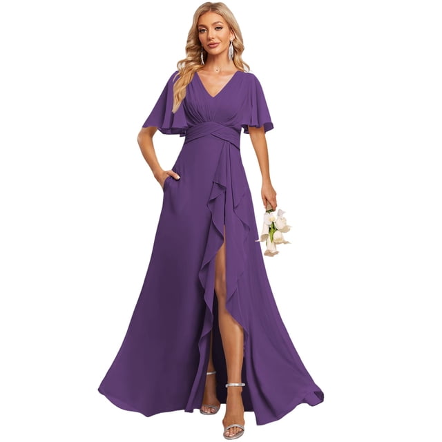 Vestido de dama de honor Deamify Simple, talla grande, color morado, 22 W
