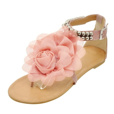 

Summer Women Flat String Bead Sandals Bohemian Style Flower Buckle Strap Shoes