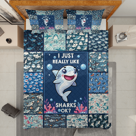 Lotusprinthandmade Shark Lovers Quilt Bedding Set (White Binding) 5 Sizes (Made in Vietnam) (55x60), Ocean Lover Quilt Set