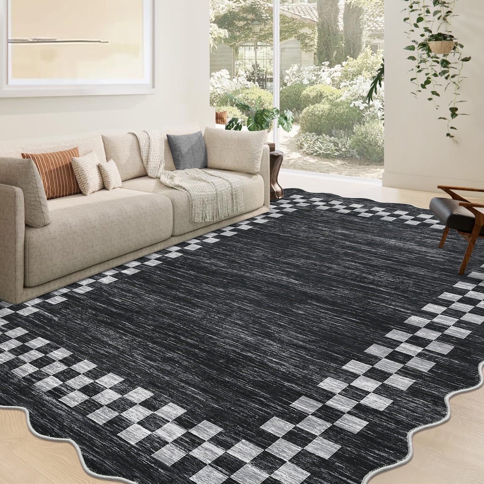 Garvee 9'x12' Scalloped Area Rug, Geometric Neutral Bordered Indoor Rugs Washable Rug Stain-Resistant Low Pile Carpet for Living Room Bedroom Home Decor, Dark Gray