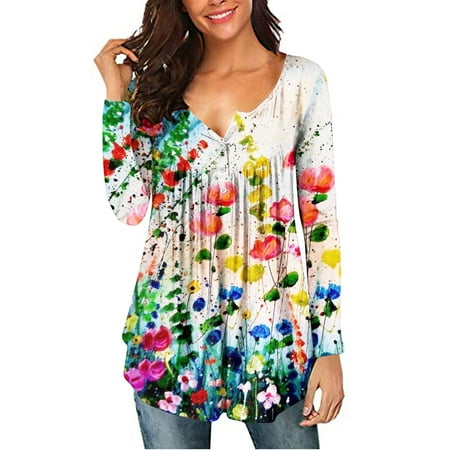 

Juebong Women s Long Sleeve Pleated Sweatshirts Vintage Button Down Tunic Tops Henley V Neck Swing Shirts Floral Print Ruffled Hem Blouses Loose Fit Workout Pullover Tops