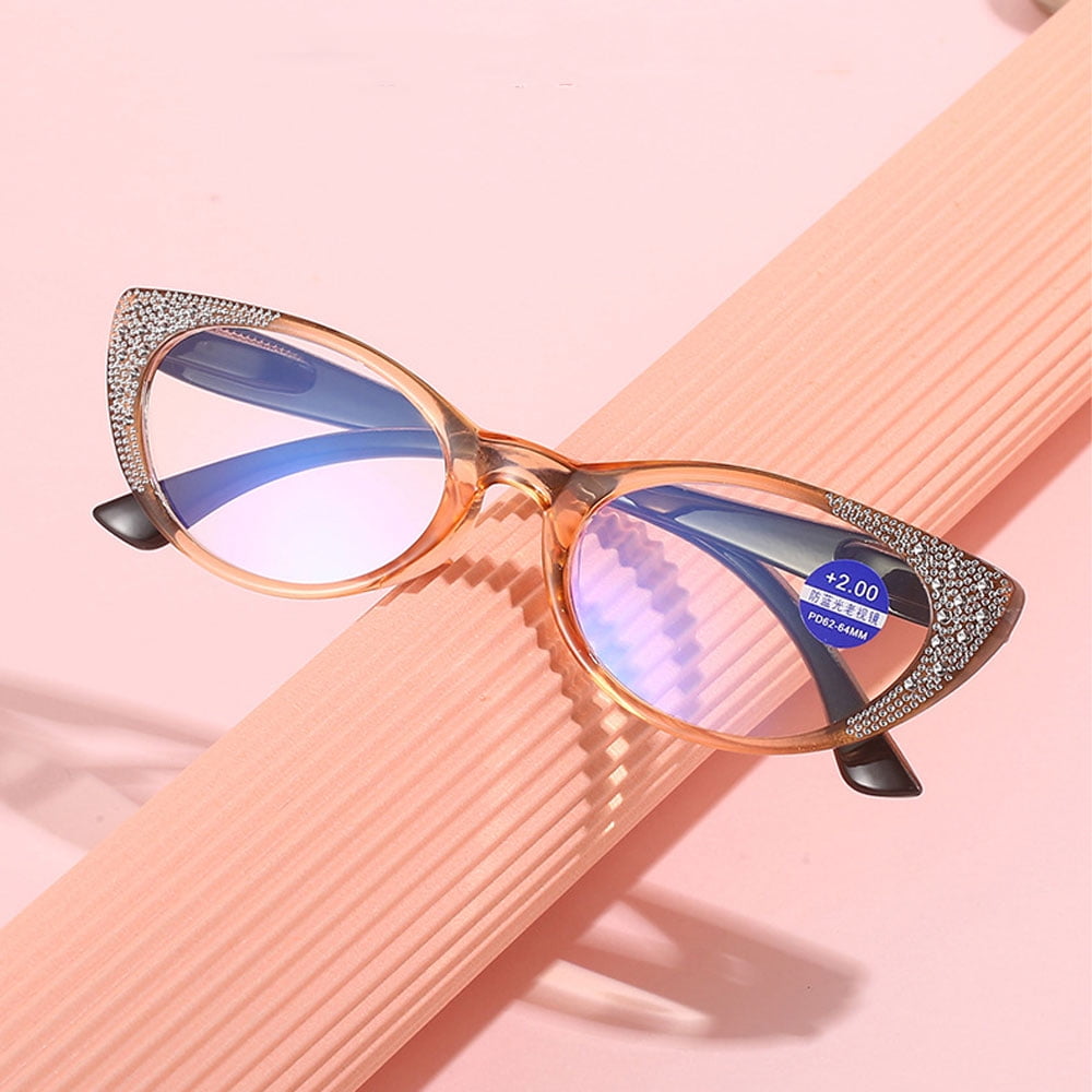 5 Pairs of Brown Cat Eye Blue Light Blocking Reading Glasses 4.00 or Women Fashion Diamond Presbyopic Glasses Ladies Spring Hinges HD Readers +4.00 Strength