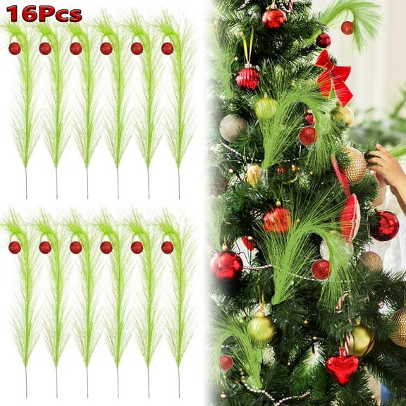 MODANU 16 Pcs Lime Green Picks, 17'' Xmas Tree Topper Curly Stems Decorations with Red Ball for Fur Elf Ornaments Vase Filler Pampas Grasses Home Office Party Decor