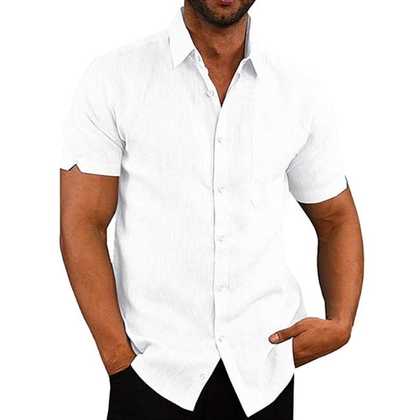 Camisa de manga corta para hombre, informal, con botones, de algodón y lino, holgada, para boda en la playa