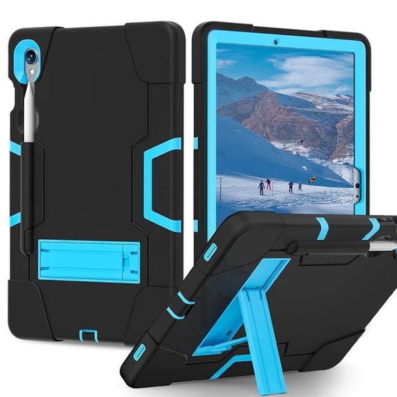 Case for Samsung Galaxy Tab S10 FE/S9 FE 10.9"/S9/S8/S7 11" / ((SM-X710/X718U/X716B/X510/X516B) -3-Layer Military Protection Silicone PC Cover with S-Pen Holder Stand Black Blue