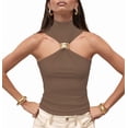 thumbnail image 2 of Women Halter Neck Pleated Twist Front Tank Tops Trendy Slim Fit Sleeveless Hollow Out Halter Top Clubwear Brown M, 2 of 9