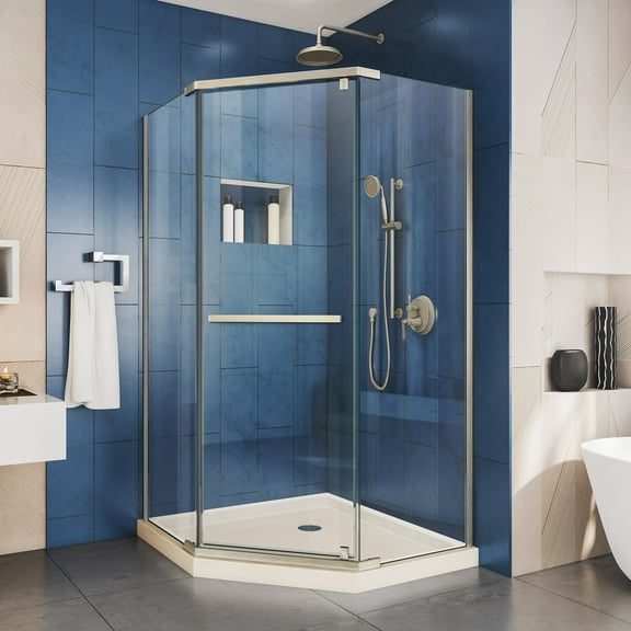 DreamLine Prism 40 in. x 74 3/4 in. Frameless Neo-Angle Pivot Shower Enclosure in Brushed Nickel with Biscuit Base