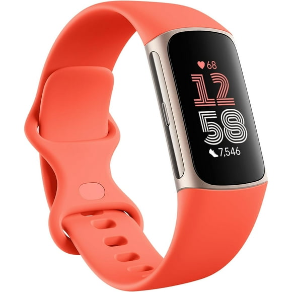 Fitbit Charge 6 Tracker D\'entraînement Physique avec Fréquence Cardiaque, GPS, Abonnement Premium et Outils de Santé - Boîtier Doré avec Bande Corail, Écran 1.04