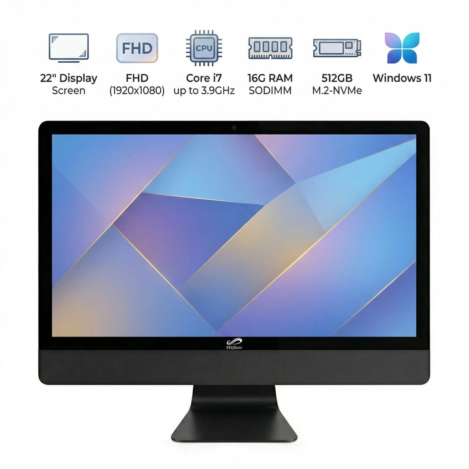 STGSivir All in One Desktop Computer, 22" FHD Display, Intel Core i7, 16G RAM, 512G SSD, WiFi 5, BT 5.0, Webcam, Win 11 Home